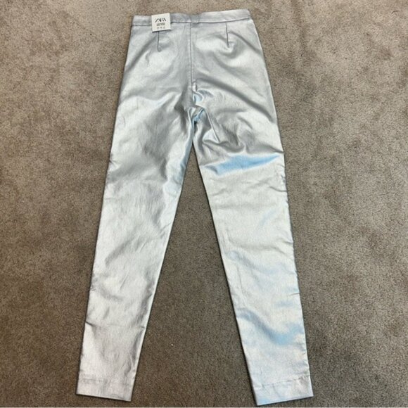 Zara metallic silver liquid foil mid rise slim fit leggings pants Sz XS NWT - Picture 3 of 12